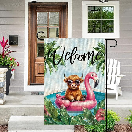 DLZDN Welcome Summer Highland Cow Garden Flag 12×18 Inch Double Side Vertical Burlap Farmhouse Yard Flag Summer Seasonal Outdoor House Decoration