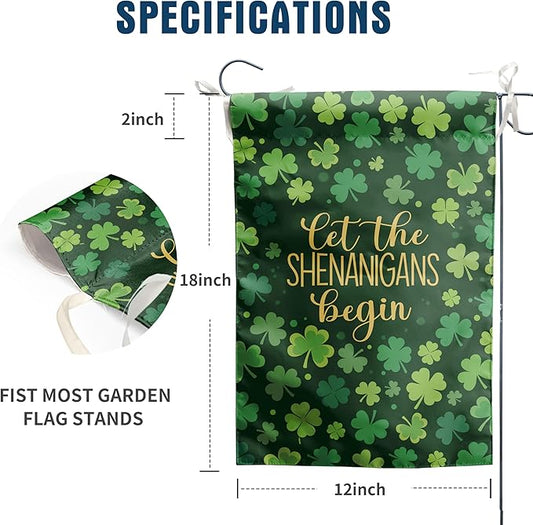 St Patricks Day Garden Flag 12x18 Double Sided for Outside Shamrock Clover Let the Shenanigans Begin Yard Signs Saint Patrick Spring Outdoor Decorative