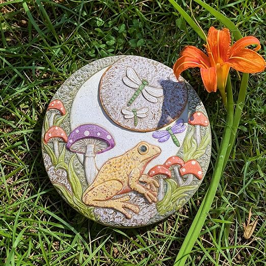 Hapjoy Stepping Stones Outdoor for Garden Moon Frog Mushroom Butterfly Decorative Stepping Stones Walkway Round Stone Garden Decor for Pathway Lawn (Yellow)