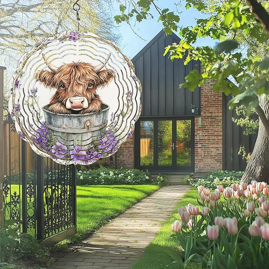 Highland Cow Wind Spinners Outdoor, Hanging Wind Spinner for Garden Decoration, 8 inch 3D Stainless Steel Metal Wind Sculpture for Indoor/Outdoor Decor