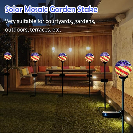 Afirst Solar Lights Outdoor Decorative - Solar Gazing Ball Mosaic Garden Stakes Patriotic Stars and Stripes Decorative Lights Waterproof for Pathway Yard Lawn National Day Decoration
