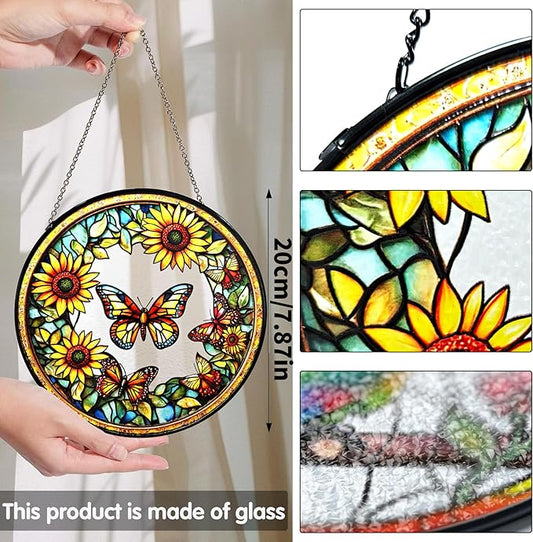 Bimkole Sunflower Stained Glass Suncatcher Window Hanging - Butterfly Design for Indoor Window or Doorway Decoration - 7.87x7.87 inch with Chain and Hook - Unique Home Decor Gift