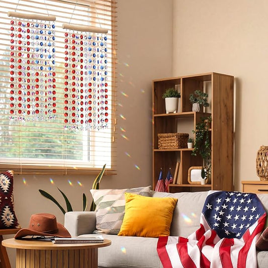 Suncalla 2 Pcs 4th of July Crystal Suncatcher American Flag Wind Chime with Chain Patriotic Window Decor Red Blue and White USA Hanging Making Rainbow Prism for 250th Anniversary Garden Home Gift
