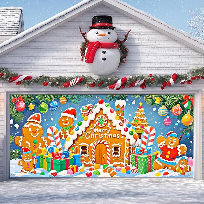 IVN Merry Christmas Garage Door Banner 13x6ft Festive Backdrop Gingerbread House Photo Prop Background for Joyful Holiday Yard Door Cover Background Outdoor Winter Scene