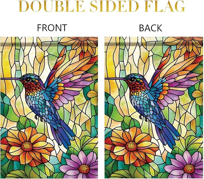 Spring Summer Garden Flag 12x18 Inch Colorful Hummingbird Stained Glass Floral Art Design Outdoor Yard Porch Lawn Garden for Seasonal Farmhouse Boho Home Decor