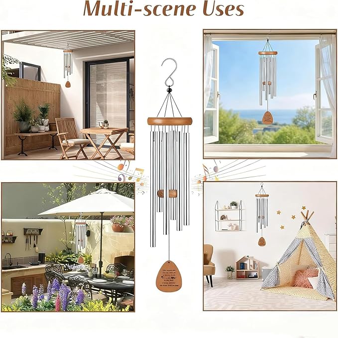 Wind Chimes for Outside, Soothing Melodic Memorial Sympathy Wind Chimes, Create a Zen Atmosphere Suitable Outdoor Garden Decor, Gift for Mom Neighbors Unisex(Silver)