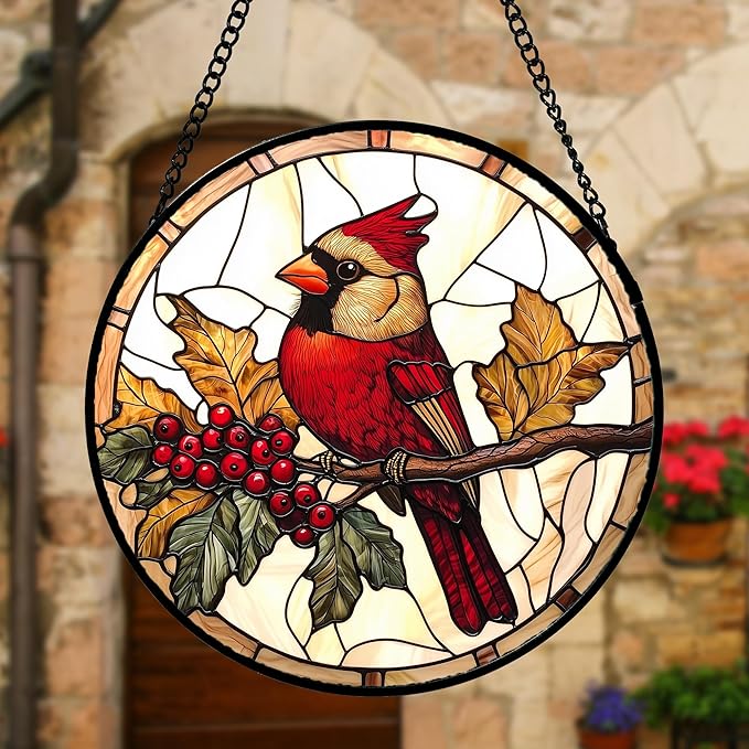 DASTOLL Stained Glass Window Hanging, Birds on a Branch Cardinal Sun Catchers Diamond Glass Panel Hangings Suncatcher Decor for Birthday for Women, Men, Wife, Aunt, and Mom 9.8X9.8IN