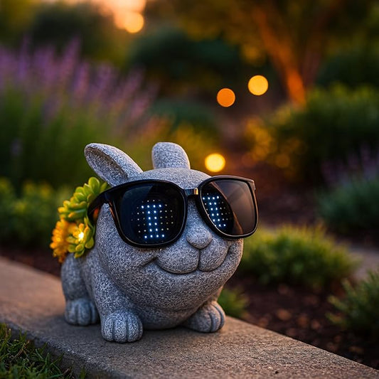 Rabbit Figurine with Solar-Powered Glasses Succulent Bunny Decor Garden Statue for Patio Yard Balcony Housewarming Gifts for Mom Women Grandma