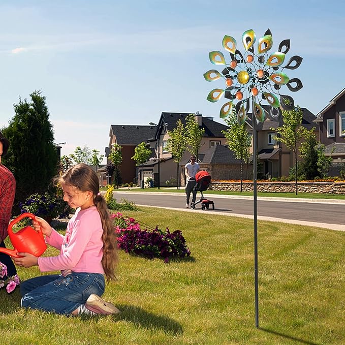 DIBIEECN 78 Inch Big Peacock Kinetic Wind Spinners with Garden Stake, Metal Sculpture Decorations, Outdoor Windmill, Dual Direction for Yard Art, Lawn Decor, Idea Gifts
