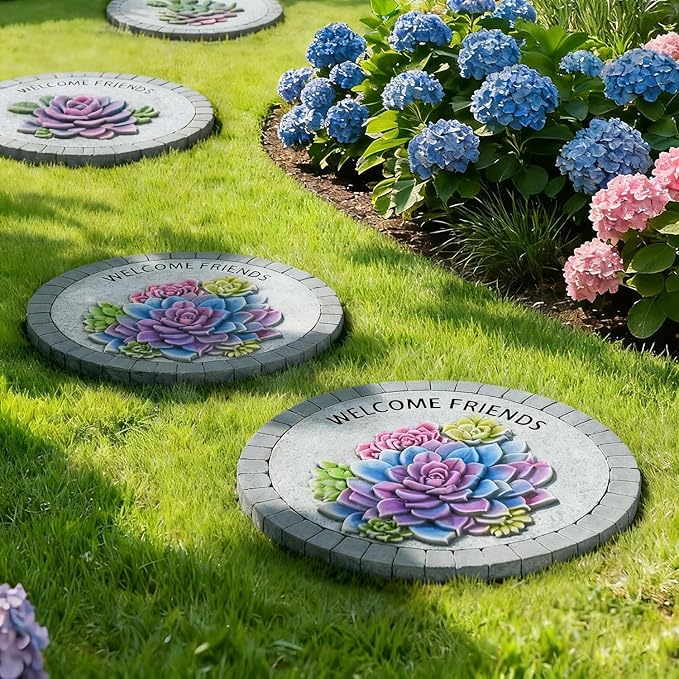 Landoraloria Cement Garden Stepping Stones Outdoor 10” Round Welcome Path Stones with Succulent Design, Outdoor Yard & Patio Decor Hand-Painted Cactus Welcome Sign