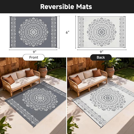 Pauwer Waterproof Outdoor Rug 6x9, Reversible Plastic Straw Patio Camping Rug, Indoor Outdoor RV Mat Carpet for Deck, Camper, Porch, Balcony, Backyard, Picnic, Floral Grey