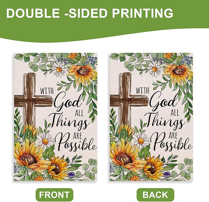 With God All Things Are Possible Religious Spring Summer Easter Decorative House Flag, Cross Sunflower Garden Yard Outside Decorations, Inspirational Fall Autumn Outdoor Large Home Decor 28x40