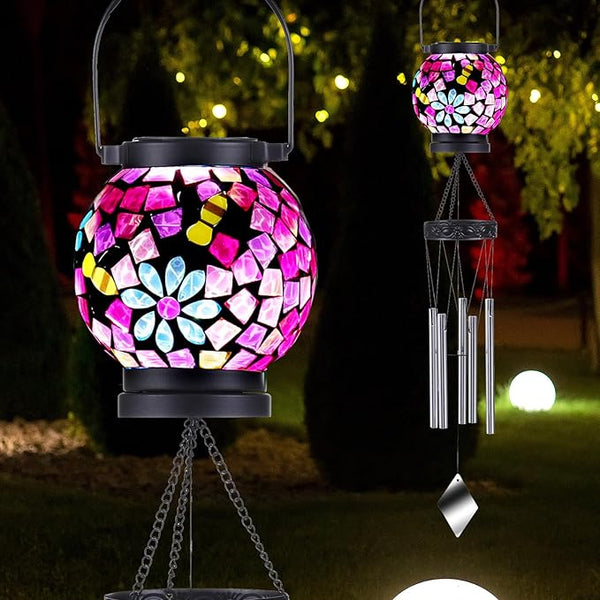 VOREEN Solar Wind Chimes for Outdoor, Handmade Mosaic Glass Solar Light Outdoor Waterproof Lantern, Gift for Mom Wife Friend, Window Decor for Patio Yard Balcony, with Flowers & Bees, 29" Pink