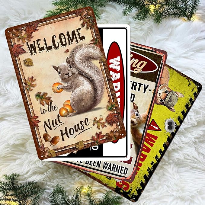 Funny Squirrel Metal Signs for Outdoor Yard Garden Decor - Animal House Decorations Squirrels Lovers Gifts Warning sign Accessories 8x12 Inch