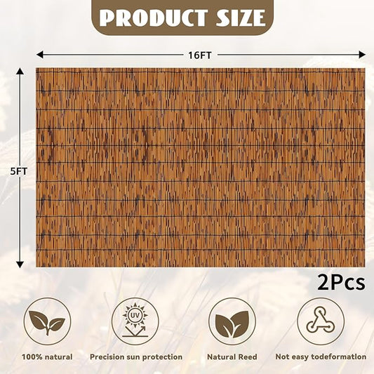 KOIUEYW Bamboo Reed Fencing, Light Russet Decorative Bamboo Privacy Fence 5ft High, Reed Curtains for Patio Garden Balcony Outdoor Privacy Screen, 5 x 16 FT (2 Pcs)