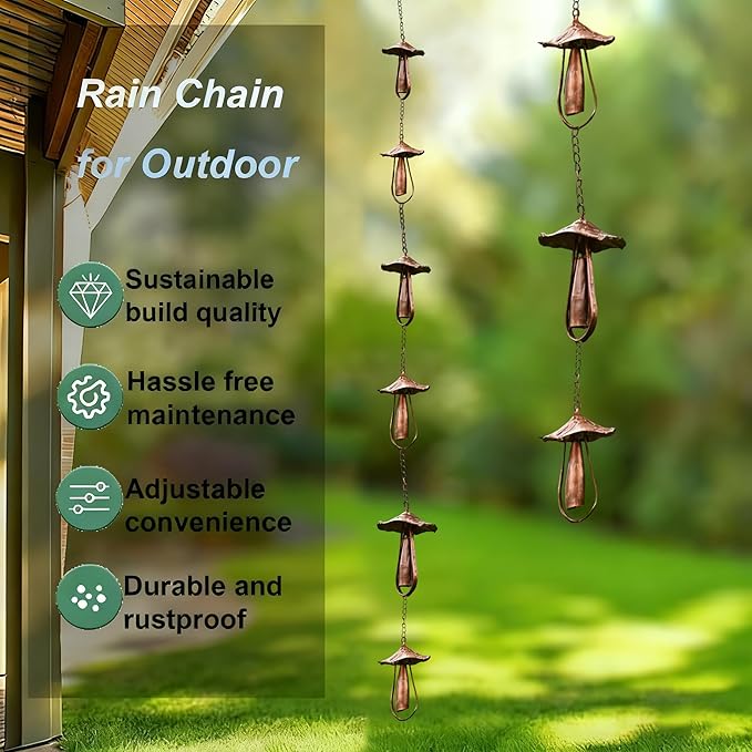 Rain Chain Home Decor, Outdoor 3.54 FT Rain Catcher Chain for Gutter Downspouts Divert for Roof Porch Lawn Gazebos Garden Drainage Eaves Decor (Pinecone) (Mushroom)