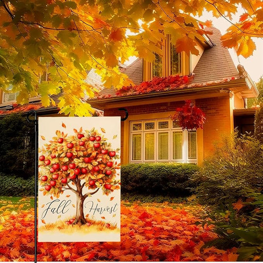 Fall Garden Flag Red Apple Fall Harvest Yard Flag Autumn Tree Maple Leaves Vertical Double Sided Garden Flags Thanksgiving Holiday House Banner Outside Decorations 12x18 Inch