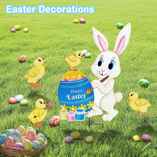 Easter Decorations Outdoor,4 Pack Metal Egg Bunny Yard Signs for Outside,Cute Easter Chick Decorations Garden Stakes for Lawn,Yard,Rabbit Gifts for Women