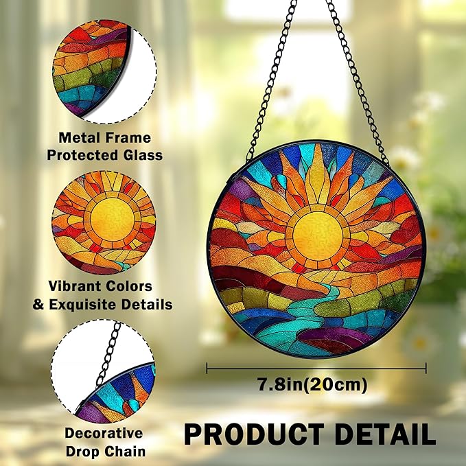 Sunshine Suncatcher Stained Glass Window Hanging, Nature Sunset Landscape Sun Catchers Indoor Window Glass Wall Art Decor, Sun Wall Hanging Decor Decorations, 7.9x7.9 Inch