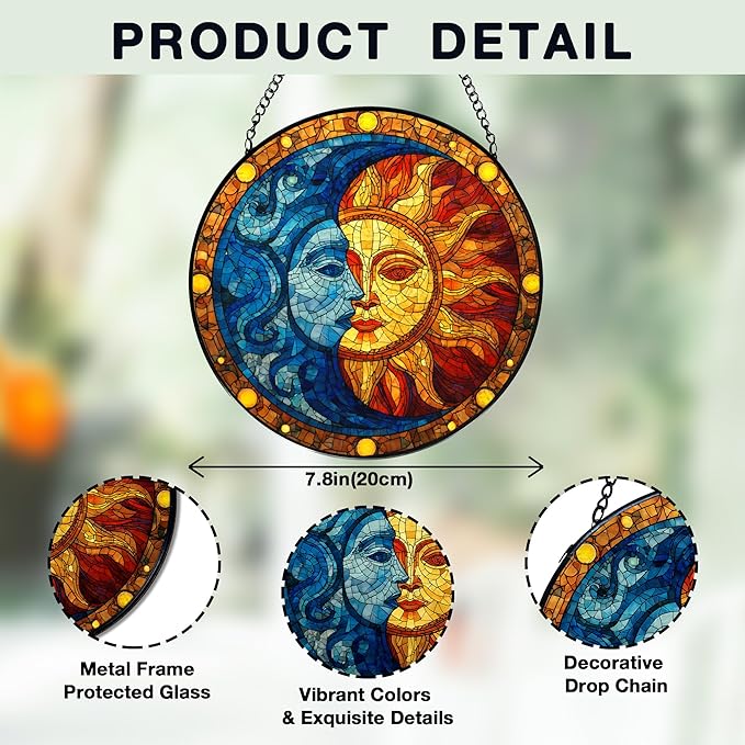 Sun and Moon Stained Glass Window Hanging, Celestial Sun and Moon Suncatchers Indoor Window Glass Wall Art Decorations, Celestial Decor Round Wall Hanging Decor, 7.9x7.9in