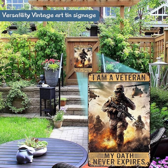 Eterans Day Metal Tin Sign I am A Veteran My Oath Never Expires Retro Tin Sign For Backyard Garage Man Cave Shed Office Craft Room Living Room Coffee Bar Wall Decor Home Sign Gift 8x12 inch