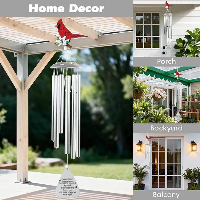 Cardinal Bird Sympathy Wind Chimes, Memorial Wind Chimes for Loss of Loved One Prime, Bereavement/Sympathy/Memorial Gift for Loss of Mother Father Husband Condolence (Silvery)