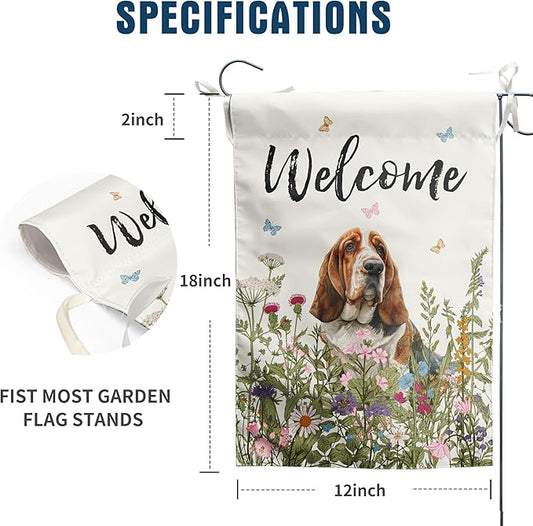 Spring Summer Garden Flag Floral Basset Hound Yard Flag Flower Dog Garden Flags for Outside Small Outdoor Welcome Flags 12x18 Double Sided
