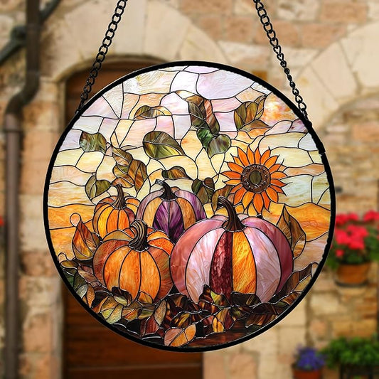 DASTOLL Stained Glass Window Hanging, Pumpkin Sunflower Suncatcher Diamond Glass Panel Sun Catchers Decor for Birthday for Women, Men, Wife, Aunt, and Mom 6.3 in