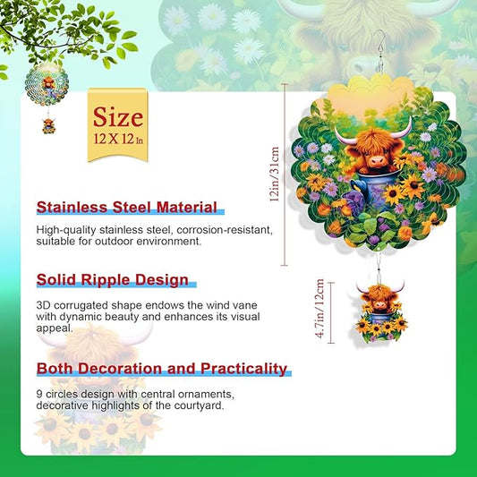 Rngmsi Highland Cow Wind Spinner, 12 Inches Stainless Baby Cow Hanging Garden Decor for Outside Outdoor, 3D Highland Cow Art Gifts for Women Men