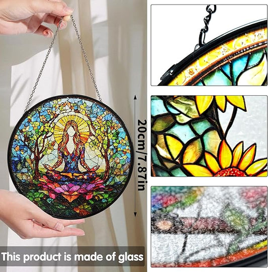 Bimkole Relaxing Woman Stained Glass Suncatcher Window Hanging - Yoga Design for Indoor Window or Doorway Decoration - 7.87x7.87 inch with Chain and Hook - Unique Home Decor Gift