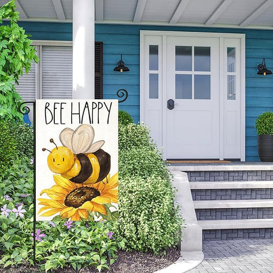 BEE HAPPY Garden Flags for Outside, Summer Watercolor Bee with Sunflower Yard Decoration, Small Seasonal Outdoor Decor for Farmhouse Holiday,12x18 Inch Double Sided