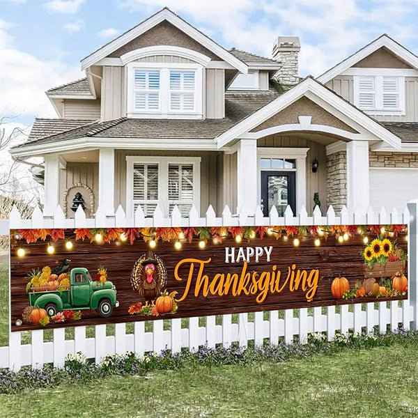 BlissYard Happy Thanksgiving Banner Autumn Harvest Backdrop Turkey Truck Pumpkins 118x20 inches Fall Decor Supplies for Thanksgiving Celebration Photo Backdrop Wall Hanging Decoration