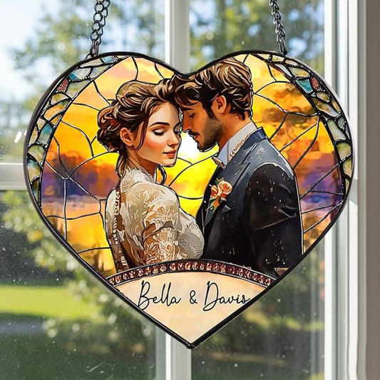 NAZENTI Custom Couple Photo Stained Glass Suncatcher - Gifts for Valentine Birthday Anniversary, Personalized Couples Portrait Window Hanging for Him Husband Wife, Couple Keepsake Heart