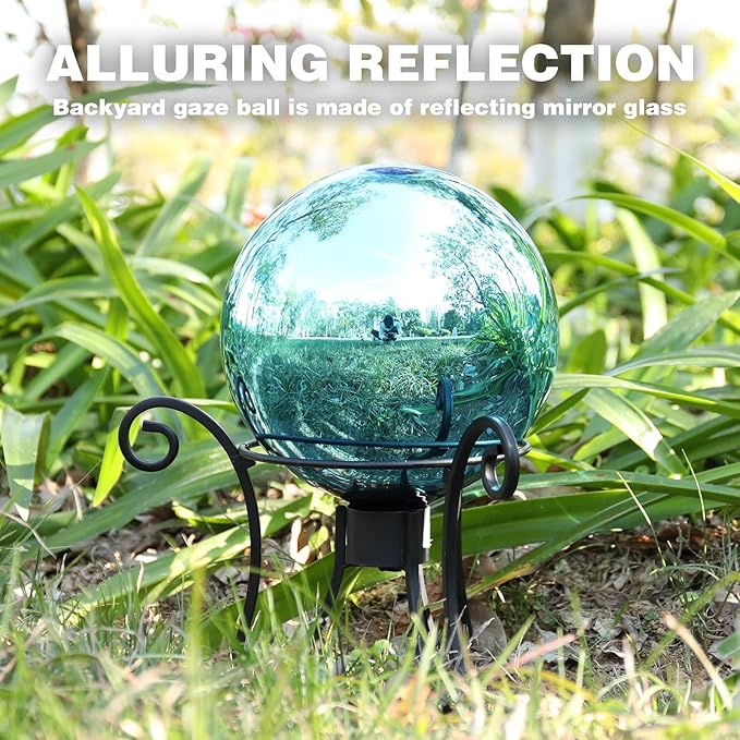 VCUTEKA Gazing Ball, Glass Mirror Polished Hollow Ball Reflective Garden Sphere, Gazing Globe for Home Garden Lawn Outdoor Ornament Yard Decorative 10-Inch, Blue