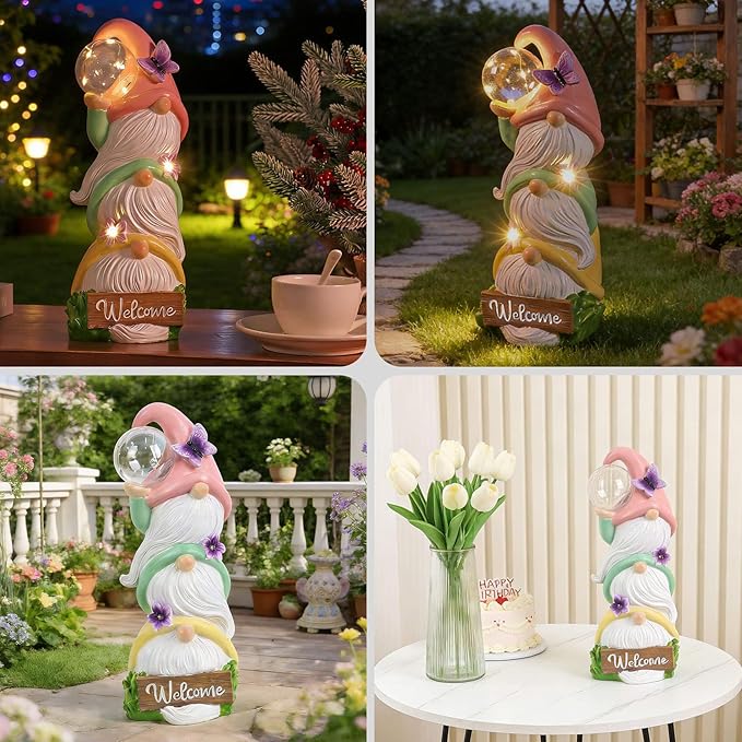 Garden Gnome Statues Solar Lights, Waterproof Outdoor 3 Stacked Spring Gnomes Sculptures Birthday Gifts for Women Grandma 12 Inch Welcome Sign Porch Decor