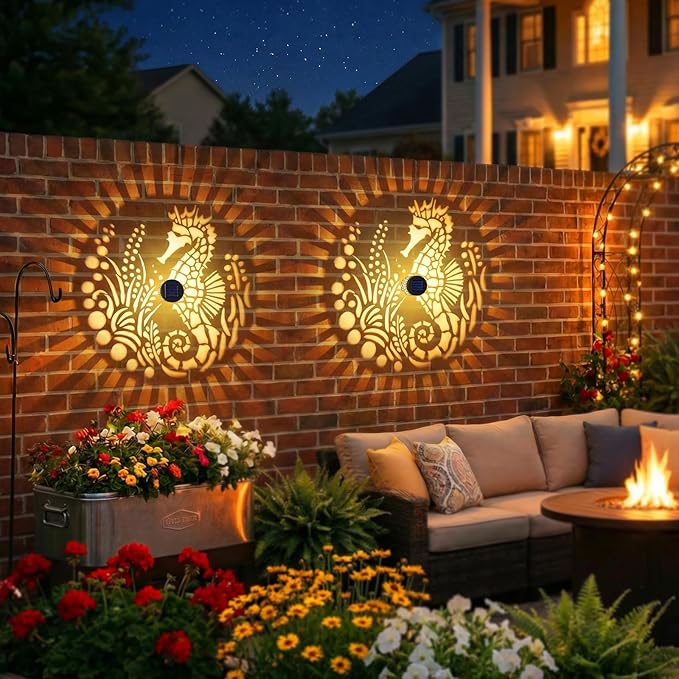 2 Pack Solar Fence Lights Outdoor Wall Lights Metal Solar Powered Deck Step Stair Lights Seahorse Theme Waterproof Fence Solar Light for Garden Post Patio Yard Decor, Gardening Gifts for Women Mom