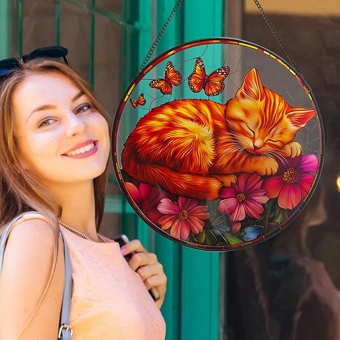 Cat Pattern Suncatcher Stained Glass for Kitty Lovers, Stain Glass Windows Hanging 9.8'' Painted Sun Catcher Hangings Sleeping Cat Home Decor Gift for Women