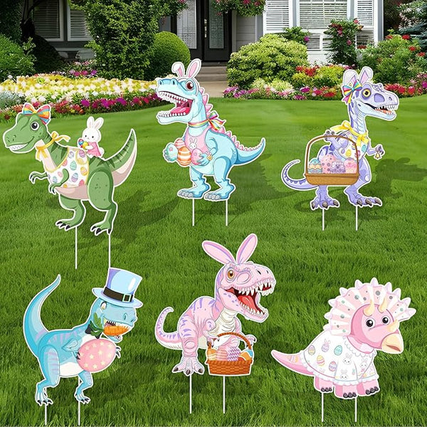 6PCS Easter Dinosaur Yard Signs with Stakes,Easter Dinosaur with Bunny and Egg Decoration for Holiday Celebration Decorations for Yard, Lawn and Patio
