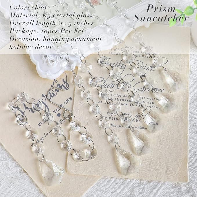 KANPURA 1ft Crystal Garland Strands,Hanging Chandelier Maple Leaf Crystals with 14mm Clear Octagon Chain Decorations for Christmas, Winter Party,Chandelier Centerpiece(10 Pack)
