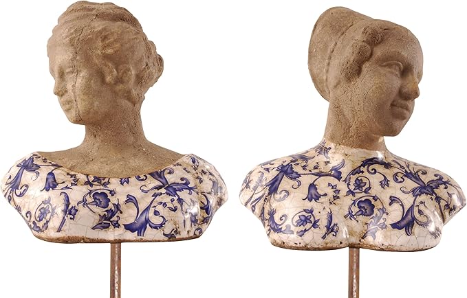 Esschert Design AC81S Large Aged Ceramic Bust with Garden Stakes in Spring Time, Blue and White, Set of 2