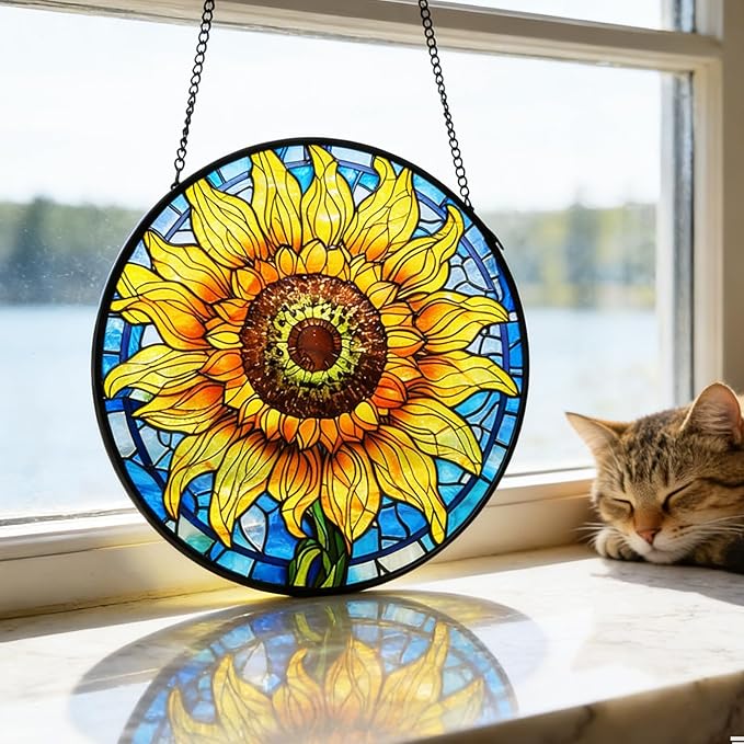 Sunflower Decor Suncatcher Stained Glass Window Hanging 7.87” Handmade Garden Suncatchers for Windows Hanging - Sun Catchers Wall Art Glass Panel Gifts for Mother's Day Christmas Birthday 