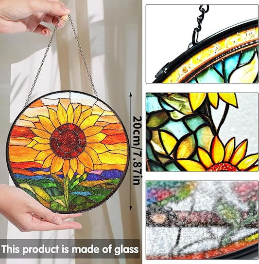 Bimkole Sunflower Stained Glass Suncatcher Window Hanging - Sunset Design for Indoor Window or Doorway Decoration - 7.87x7.87 inch with Chain and Hook - Unique Home Decor Gift