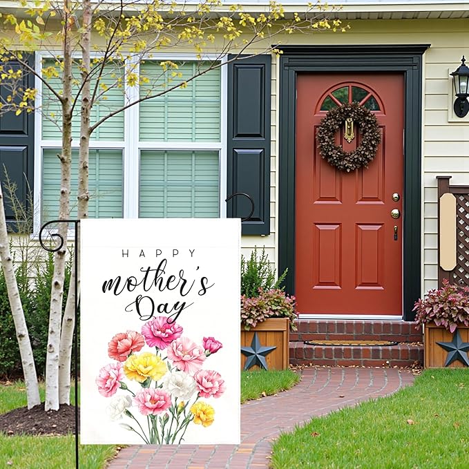 Happy Mother’s Day Garden Flag Floral Carnation Yard Flag for Mom Elegant Spring Flower Outdoor Decor Mothers Day Gift Garden Lawn Porch Patio Double Sided Welcome Flags 12x18 Inch