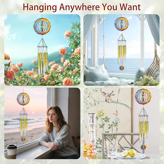 Wind Chime with Sun and Moon Spinner, Celestial Gift for Women, Hanging Metal Wind Catcher with 2" Center Pendant, 6" 3D Stainless Steel Kinetic Art for Garden Yard Décor