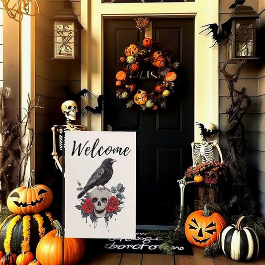 Halloween Welcome Garden Flag Skull Floral Rose Crow Double Sided Vertical Yard Flag Day Of The Dead Bird Rest Bird Floral House Flags 12 x 18 Inches Holiday Villa Outdoor Decorative