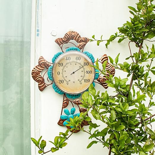 MUMTOP Outdoor Thermometers for Patio-Indoor Outdoor Wall Thermometer - Solar Led Light Cross and Flower Outside Decorative Temperature for Home or Garden Decor