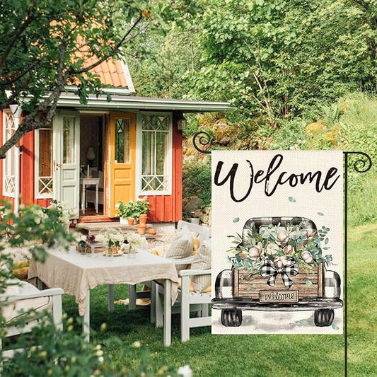AVOIN colorlife Welcome Spring Truck Garden Flag 12x18 Inch Double Sided, Cotton Rustic Buffalo Plaid Yard Outdoor Flag