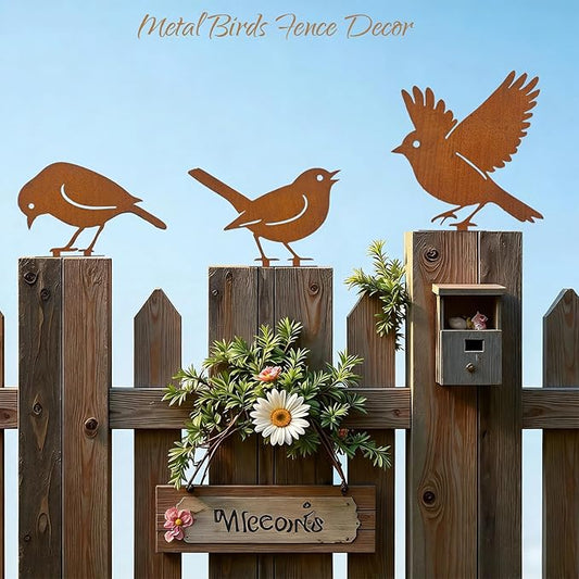 5PCS Rusty Metal Birds Decoration, Metal Birds Fence Decor, Outdoor Bird Wall Decor, Bird Silhouette Yard Art, Garden Sculptures & Statue Ornaments, Fence Decorations Outdoor, Rustic Garden Decor