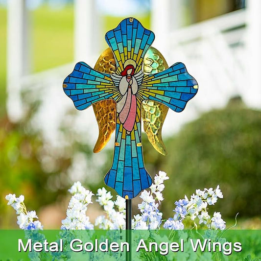 WAIU Solar Cross Garden Stake Lights, Angel Wings Waterproof Solar Outdoor Lights for Garden Yard Cemetery Decor, Memorial Cross Solar Christmas Lights