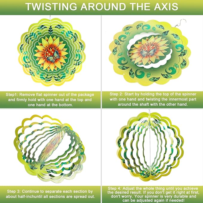Wind Spinner Mandala 12 inch 3D Stainless Steel Laser Cut Metal Art Geometric Pattern Hanging Wind Spinner (Sunflower)